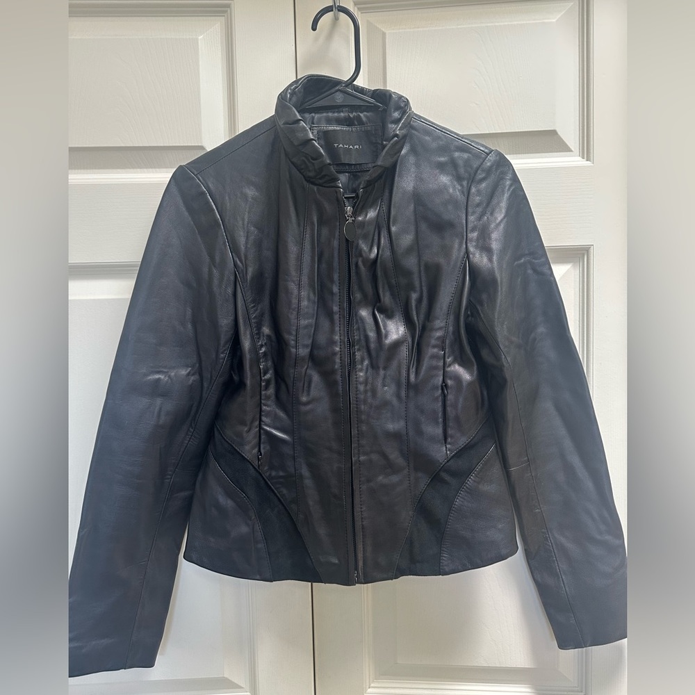Tahari Leather Zip Up Jacket